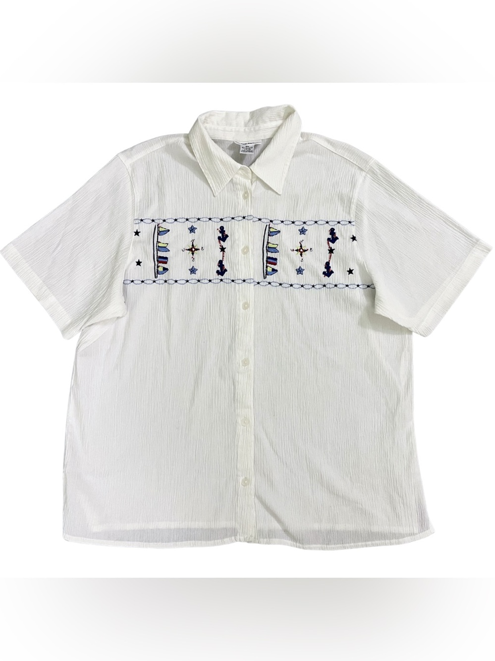 Vintage Nautical Embroidered Button-Down Collared Top Womens 16W Beachy Retro